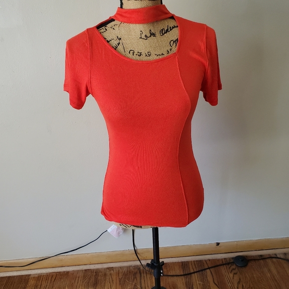 We The Free Tops - We The Free Red Short Sleeve Choker Neck Knit Top
